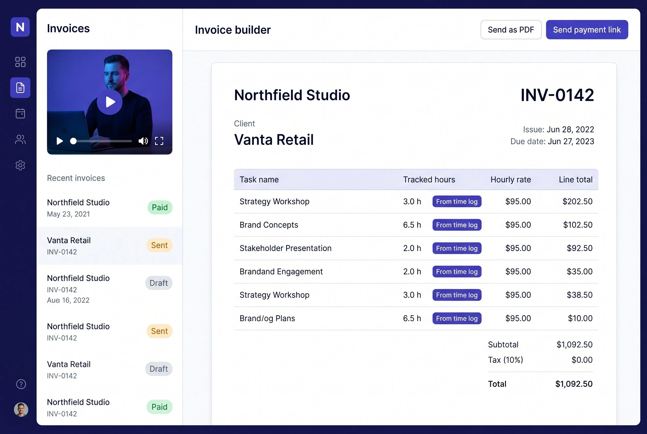 Invoice builder showing line items auto-populated from time entries, a project name, client name, and total amount due, with send options for PDF and payment link visible at the top right
