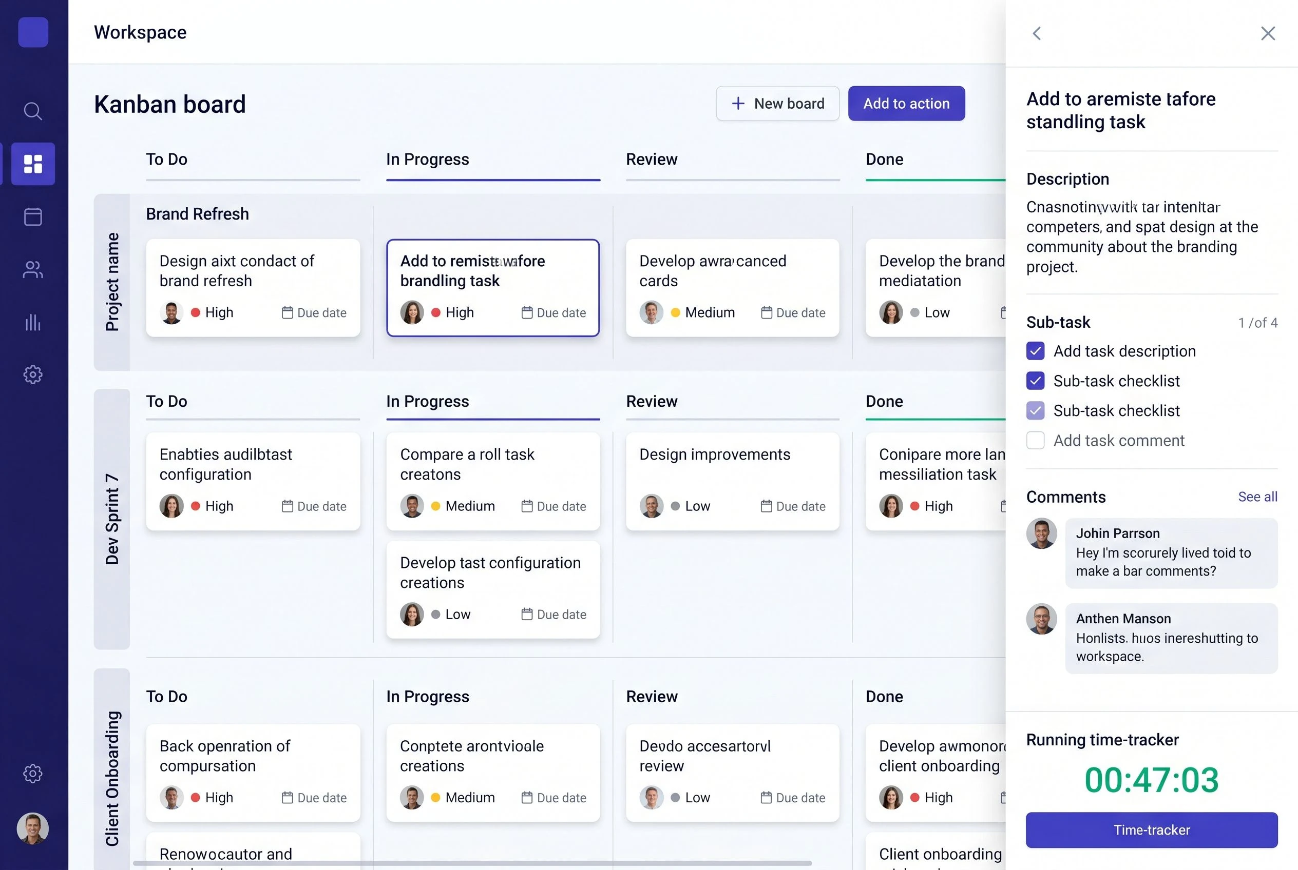 Kanban board with swimlane view by assignee, task cards showing due dates and assignees, and a task detail panel open inline on the right side of the screen