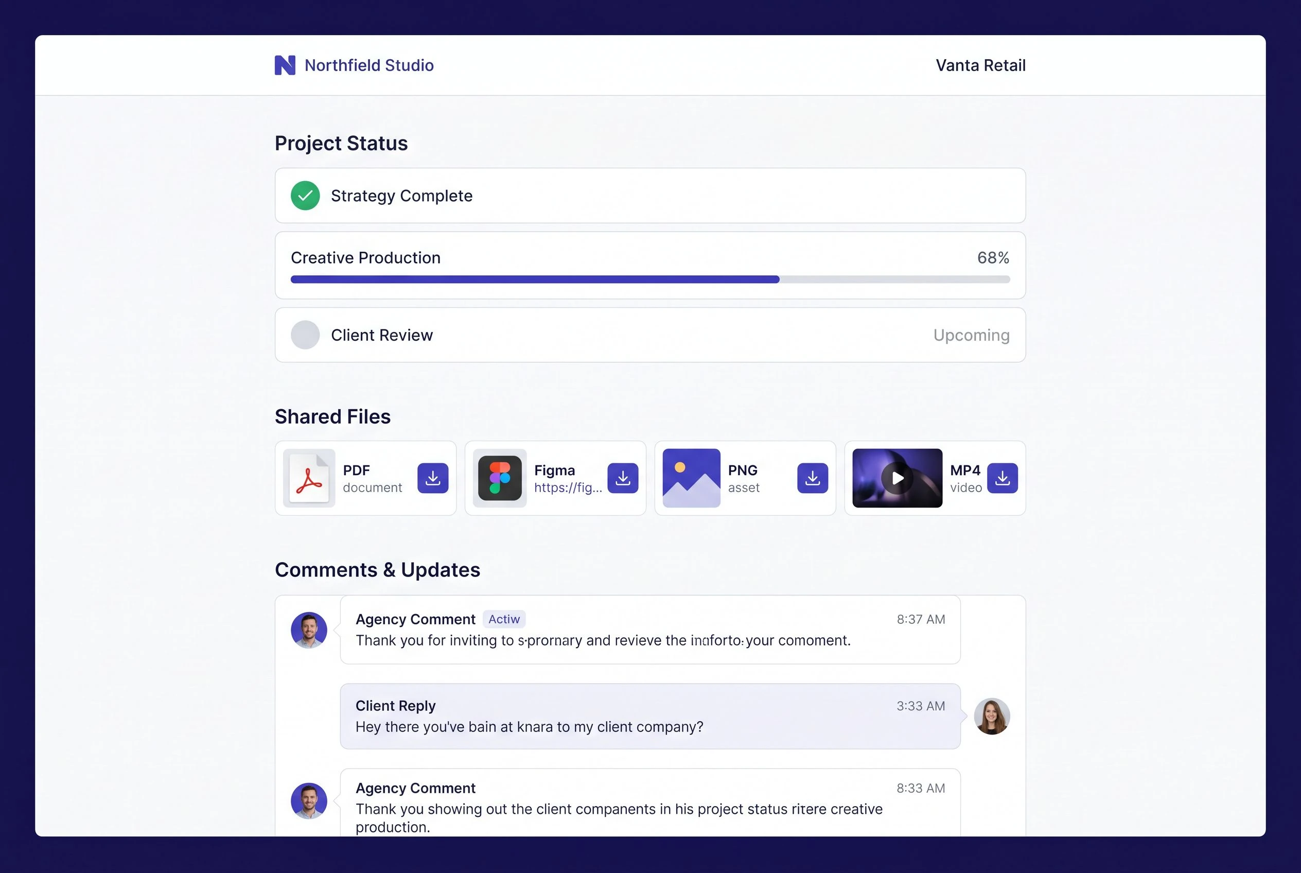 Client portal view as a client sees it — showing project milestones, a shared files section, and a comment thread, branded with a placeholder agency logo in the top-left corner